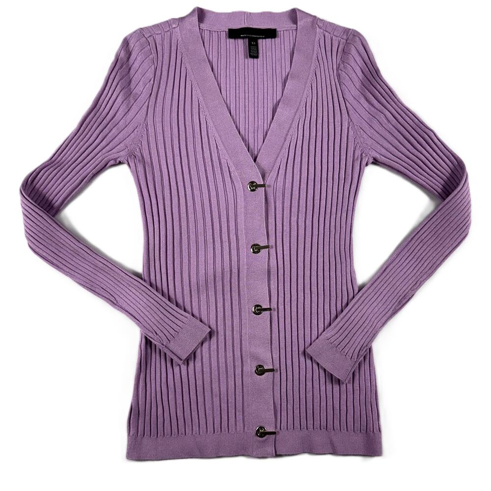 White House Black Market lavender Sz S ribbed metal toggle cardigan sweater
